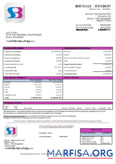 Downloadable Bangladesh SB bank mortgage statement scr download for verification